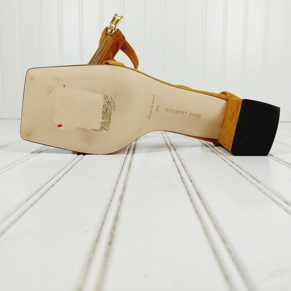 NEW Good American Amber Brown Suede Back Zip Square Toe Block Heel Sandals I417 - Picture 10 of 11